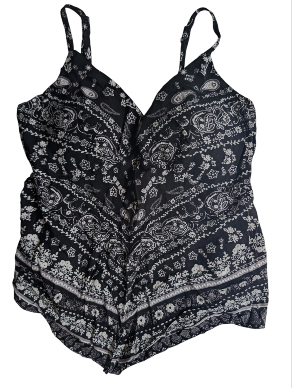 No Boundaries Black Paisley Boho Romper XS Smocked Back & Adjustable Strap
